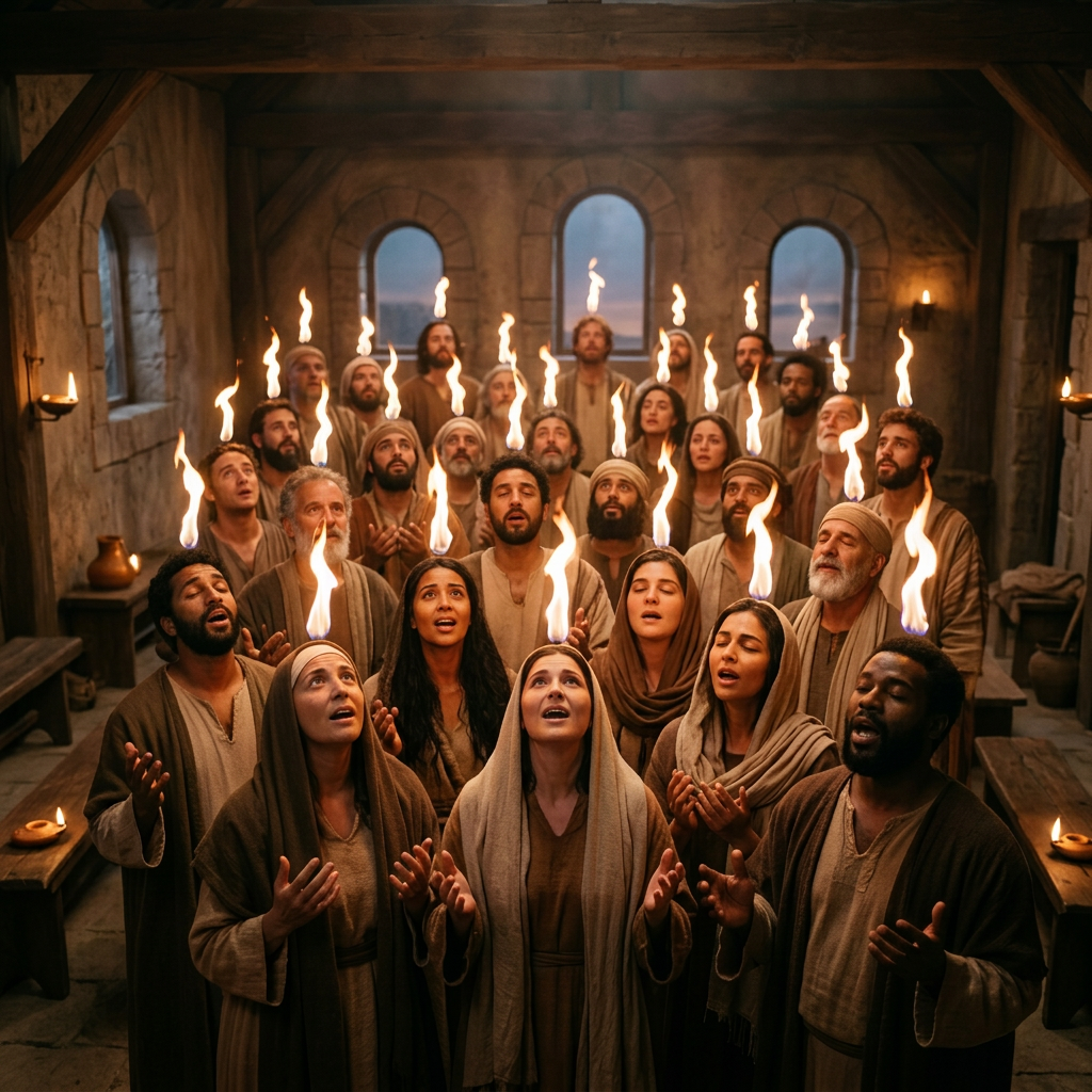 Group of people with tongues of fire above their heads in a stone room