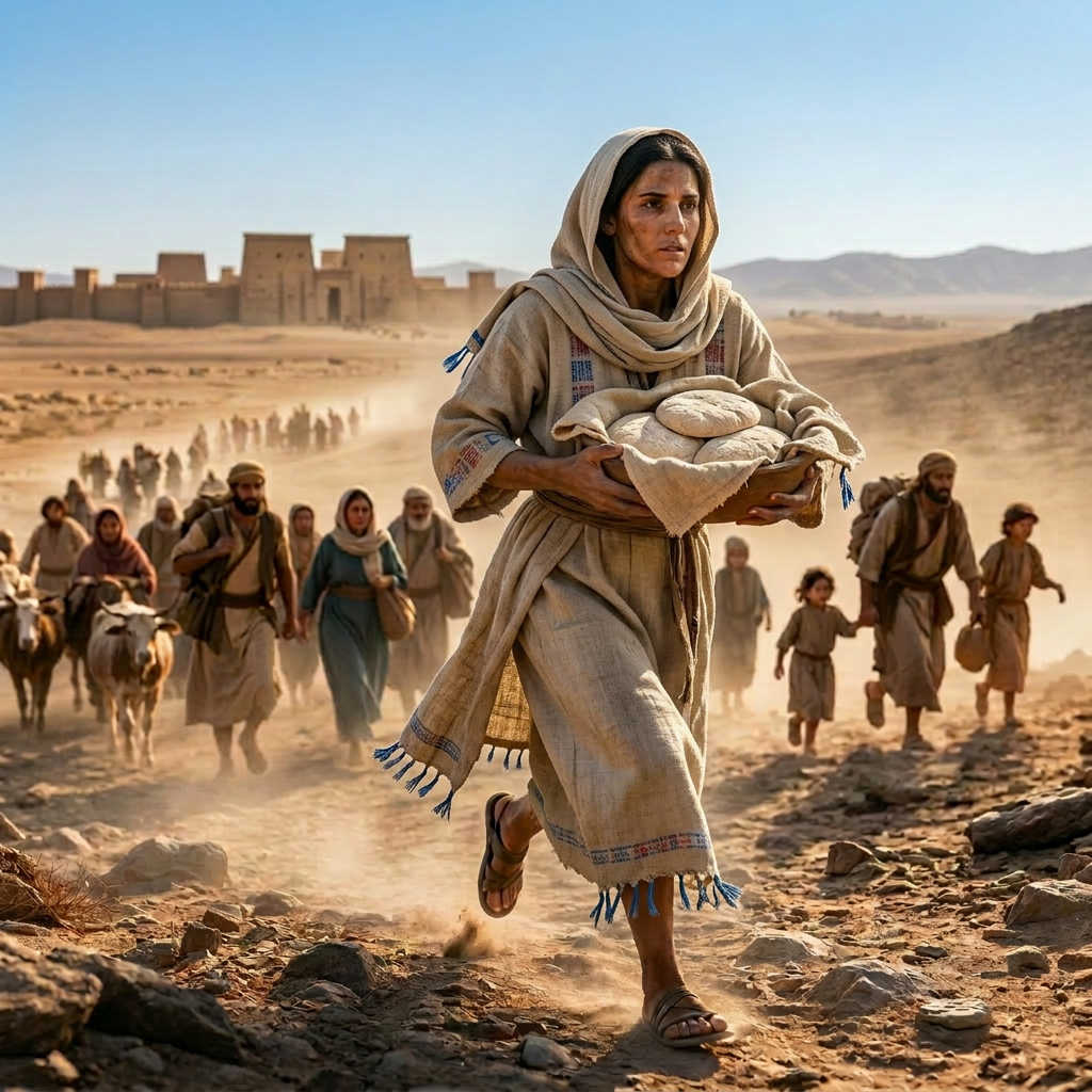 Woman carrying bowl of bread leading a group in a desert with ancient city ruins at sunset