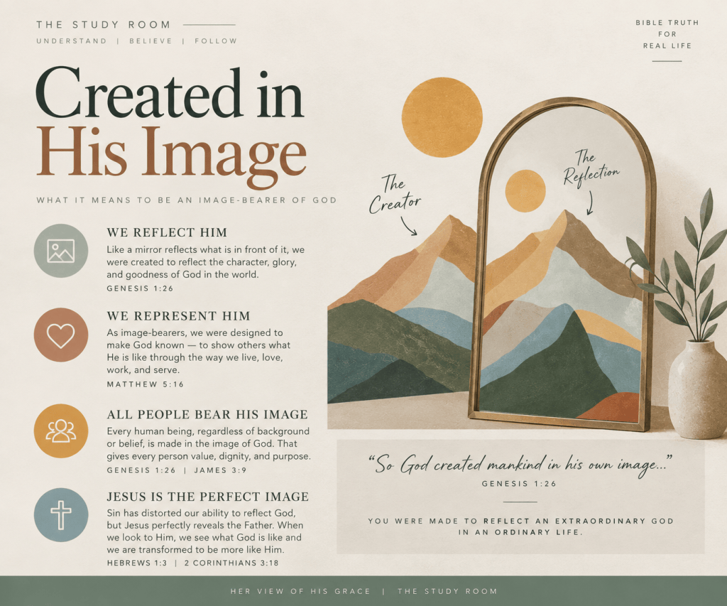 An infographic titled 'Created in His Image' discussing what it means to be an image-bearer of God, featuring a decorative mirror reflecting mountains and a sun. Key points include reflecting God's character, representing Him through actions, and the significance of all people bearing His image.