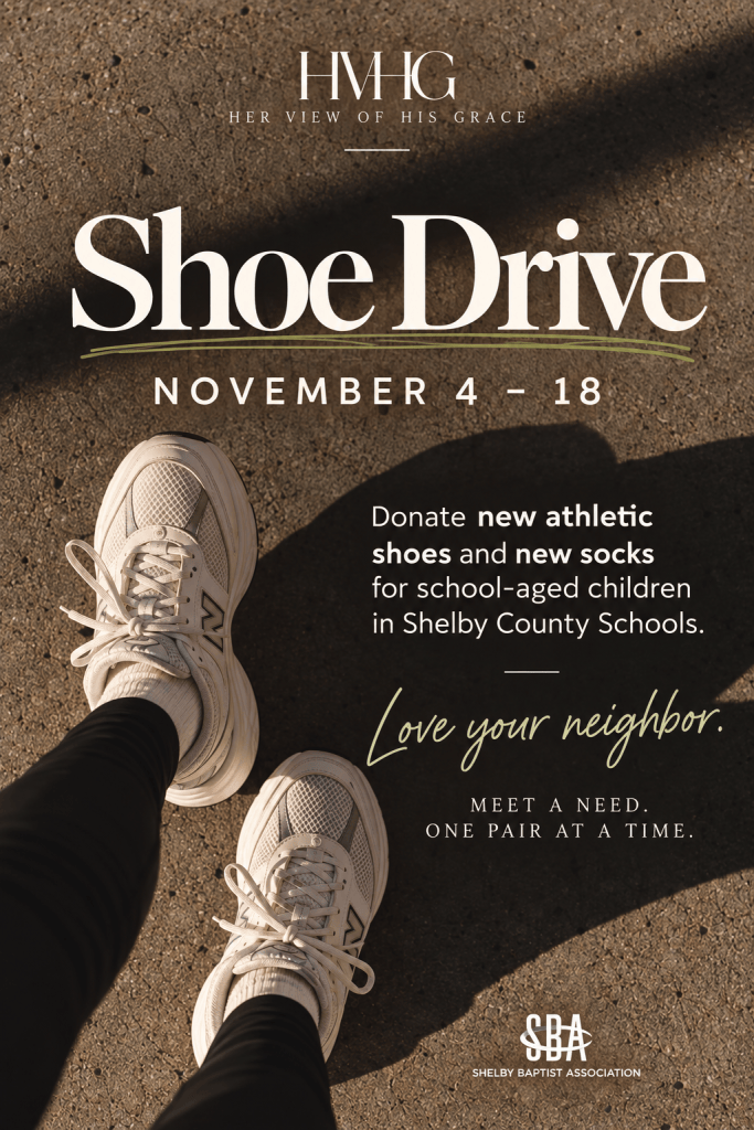 Visual promoting a Shoe Drive event from November 4 to 18, featuring a person's feet wearing athletic shoes on a textured surface. The text encourages donations of new athletic shoes and socks for school-aged children in Shelby County Schools, emphasizing community support.