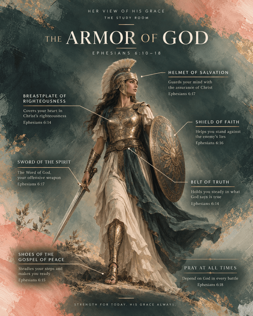 An artistic depiction of a warrior in armor, representing the Armor of God as described in Ephesians 6:10-18, with labels highlighting elements such as the Breastplate of Righteousness, Helmet of Salvation, Shield of Faith, Sword of the Spirit, Shoes of the Gospel of Peace, and Belt of Truth.