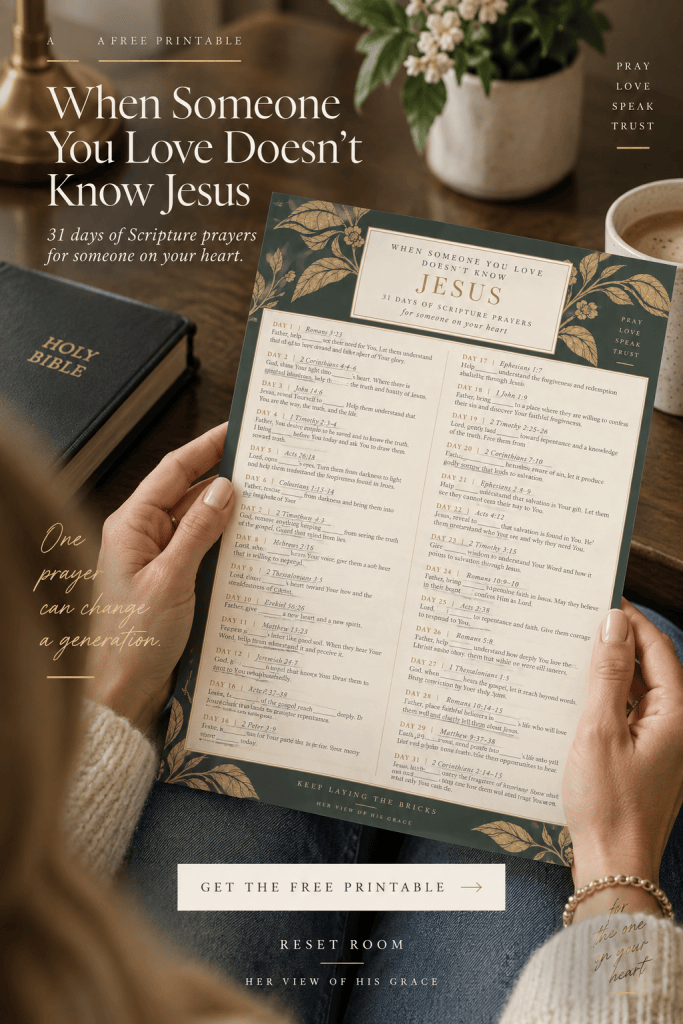 A person holding a printed document titled 'When Someone You Love Doesn’t Know Jesus' with a list of scripture prayers, on a table with a coffee cup and a Bible.