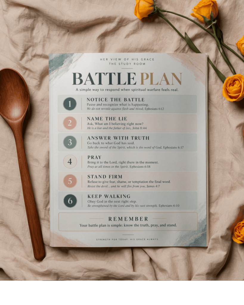 A battle plan document outlining steps to respond to spiritual warfare, including actions like noticing the battle, naming lies, answering with truth, praying, standing firm, and continuing to walk in faith. Accompanied by a wooden spoon and yellow roses on a textured cloth background.